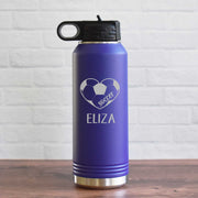 personalized steel soccer water bottle with heart and name