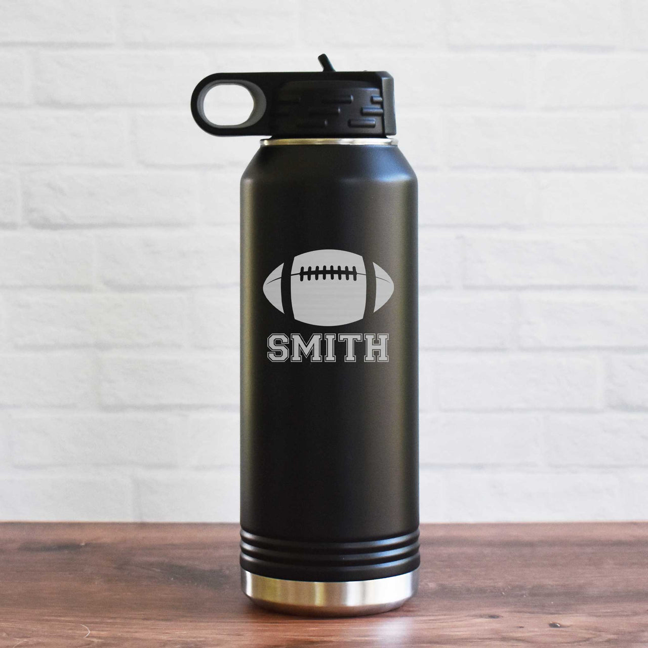 personalized football themed water bottle with name