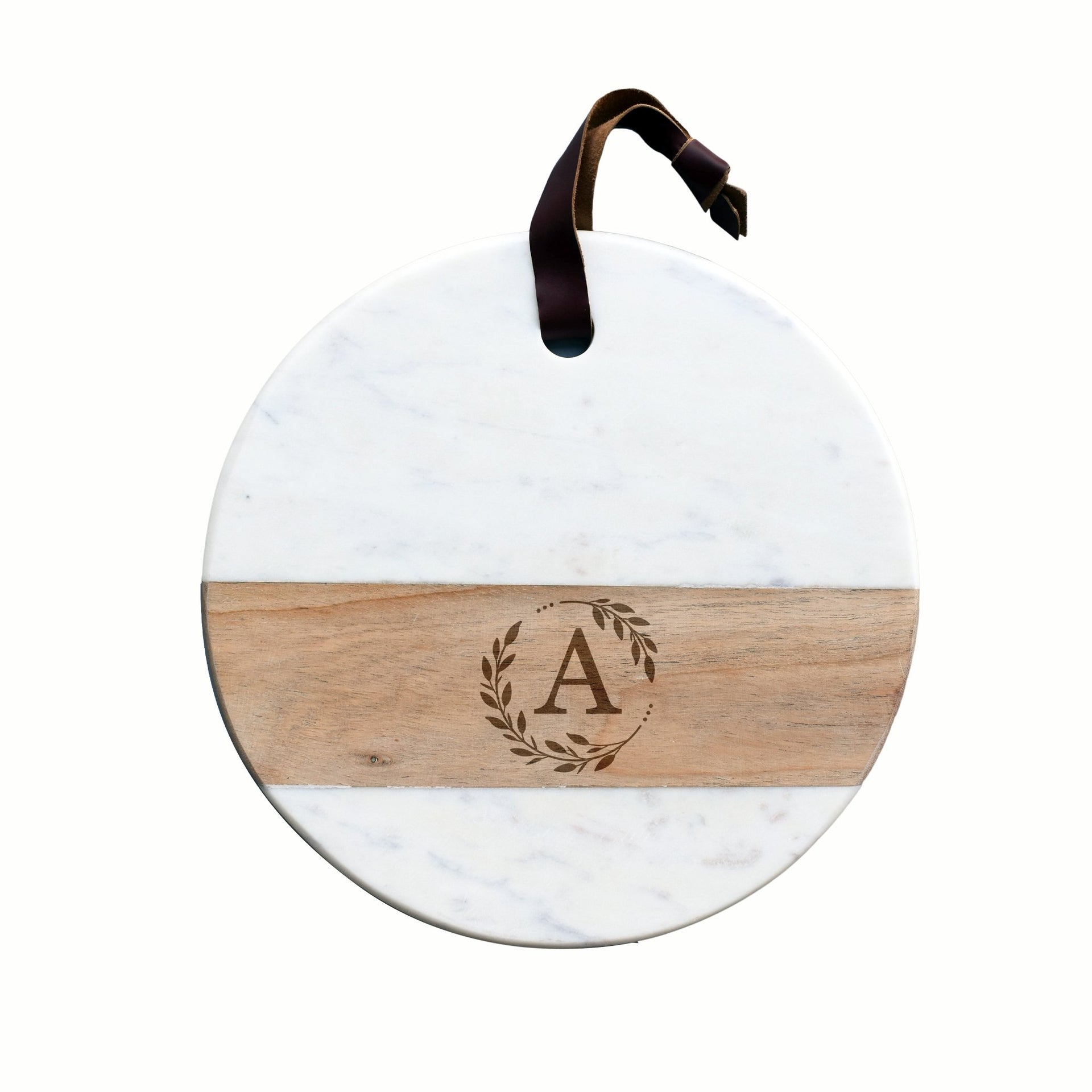 Personalized Marble and Wood Round Serving Board - Mod Peach