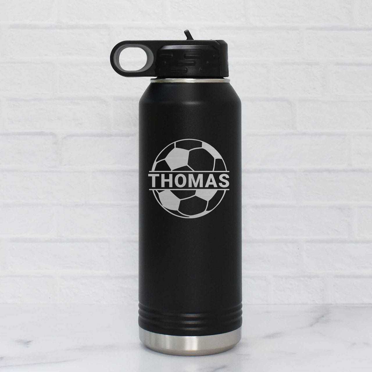 personalized soccer water bottle with name stainless steel laser engraved